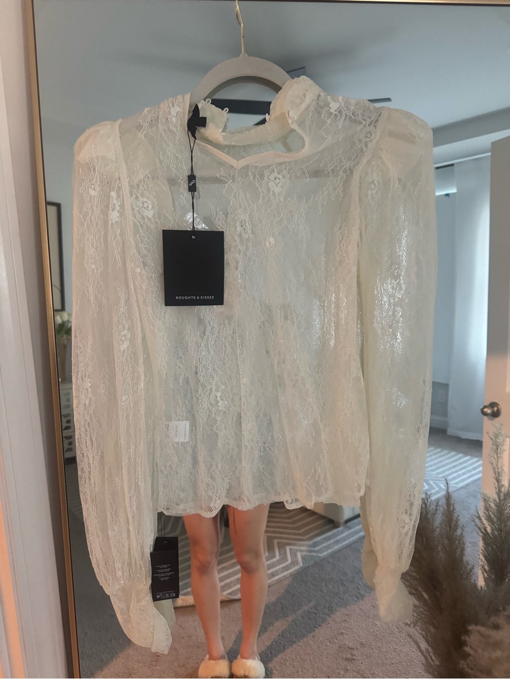 Noughts & Kisses Lace High-Neck Long-Sleeve Blouse - Ivory